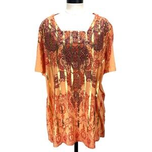 M Fasis Womens Top 1X Orange Floral Gold Stripe Short Sleeve Boho Peasant USA